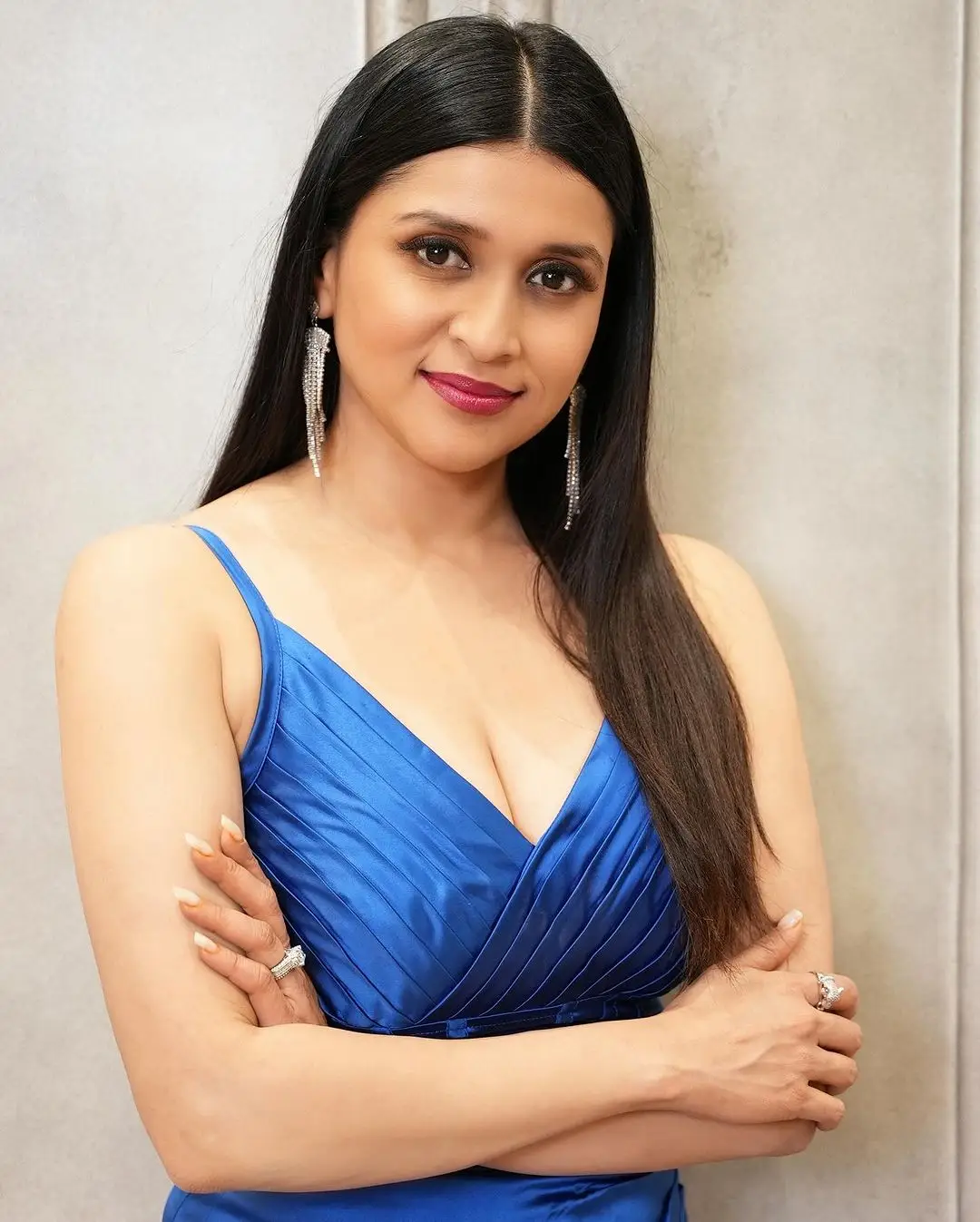 Tollywood Actress Mannara Chopra in Sleeveless Blue Top